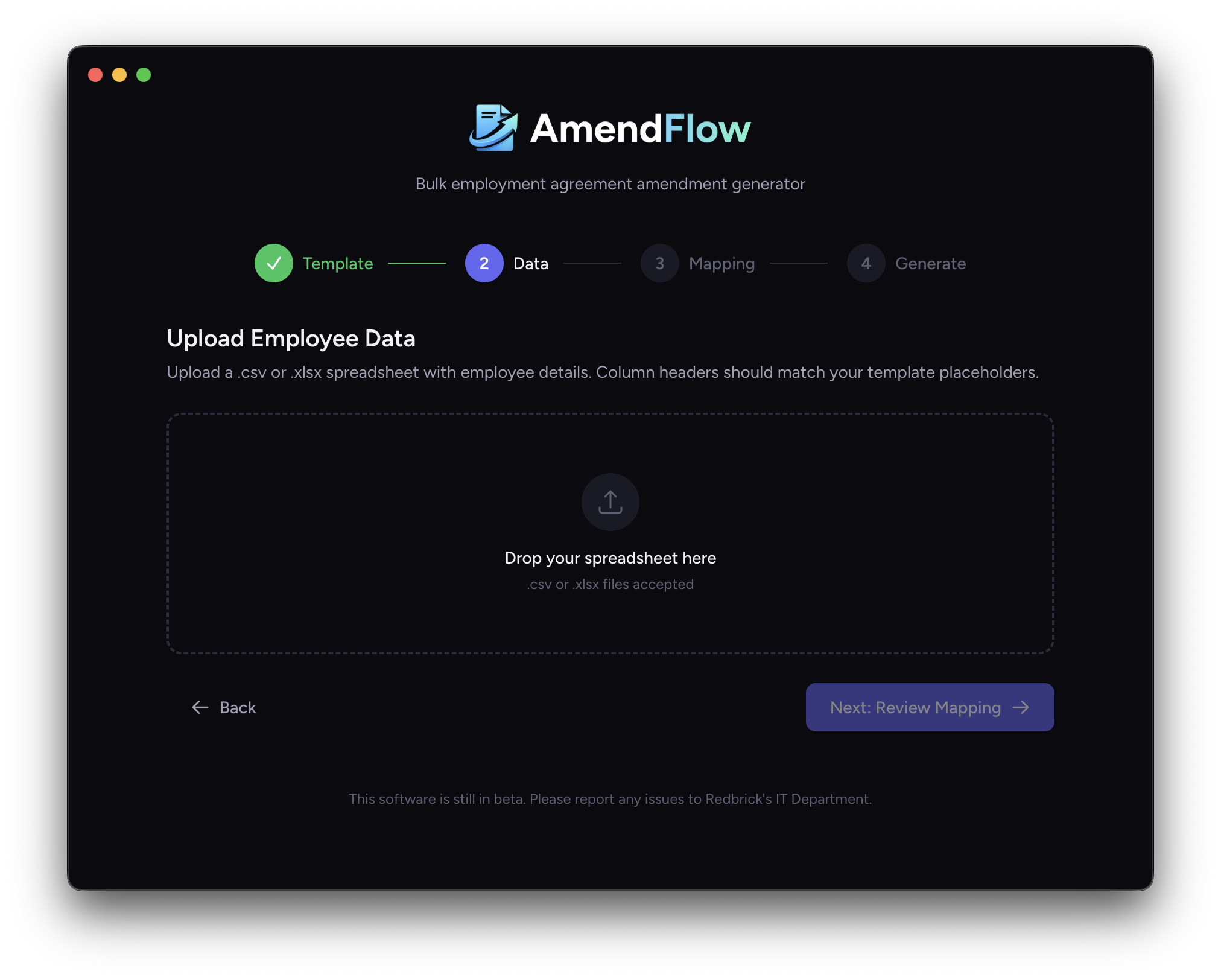 AmendFlow data upload screen