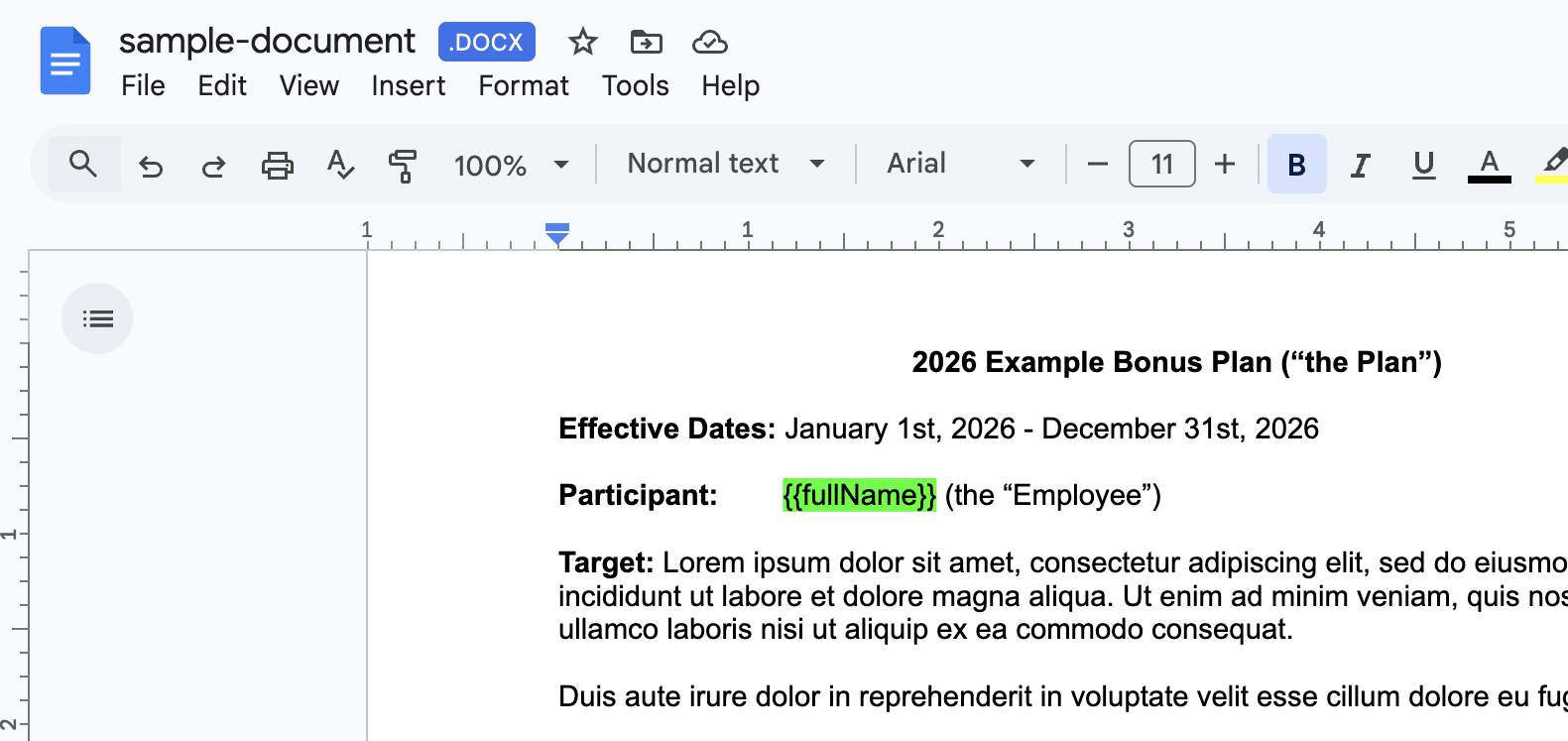 Document template with placeholder fields