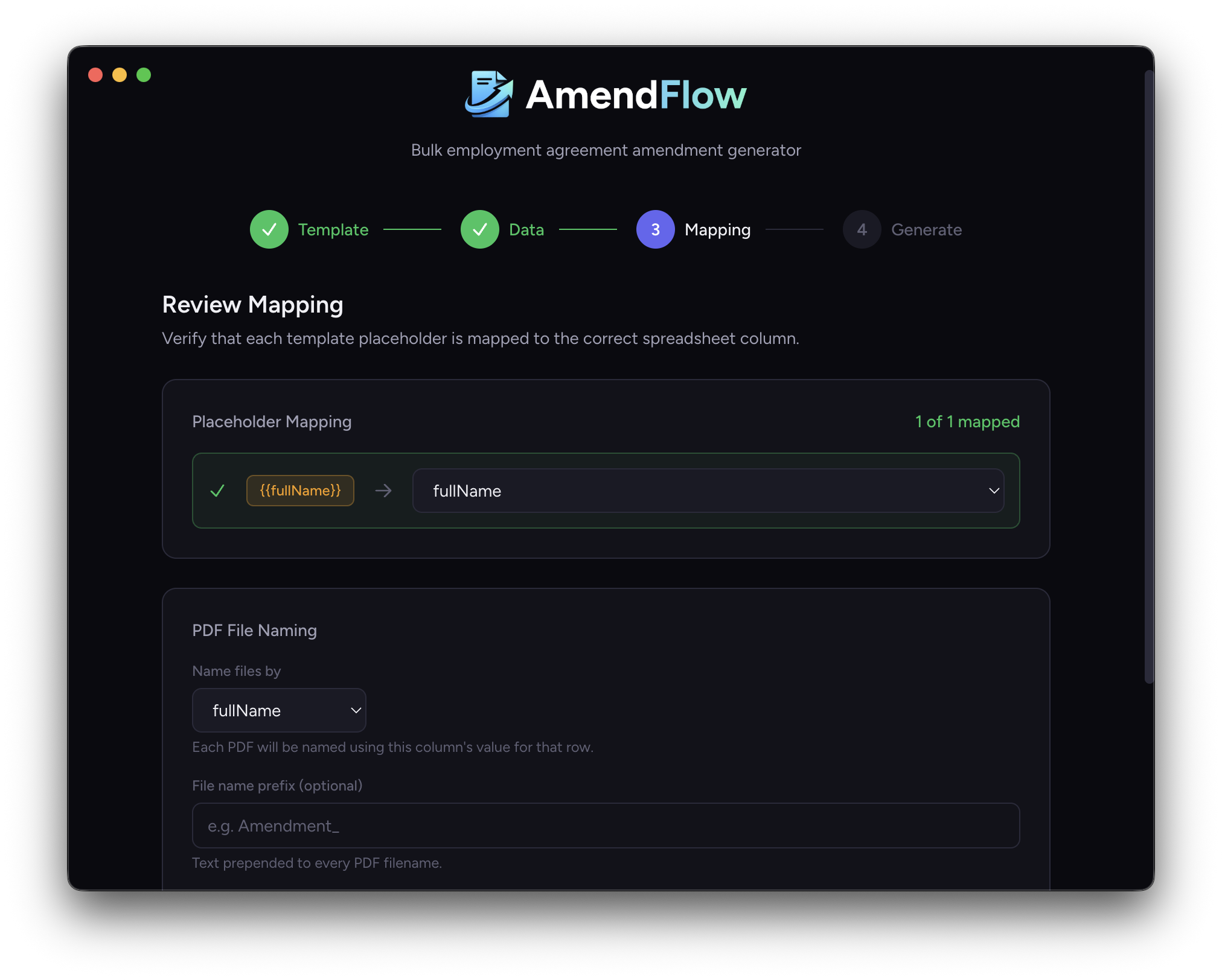 AmendFlow mapping review screen