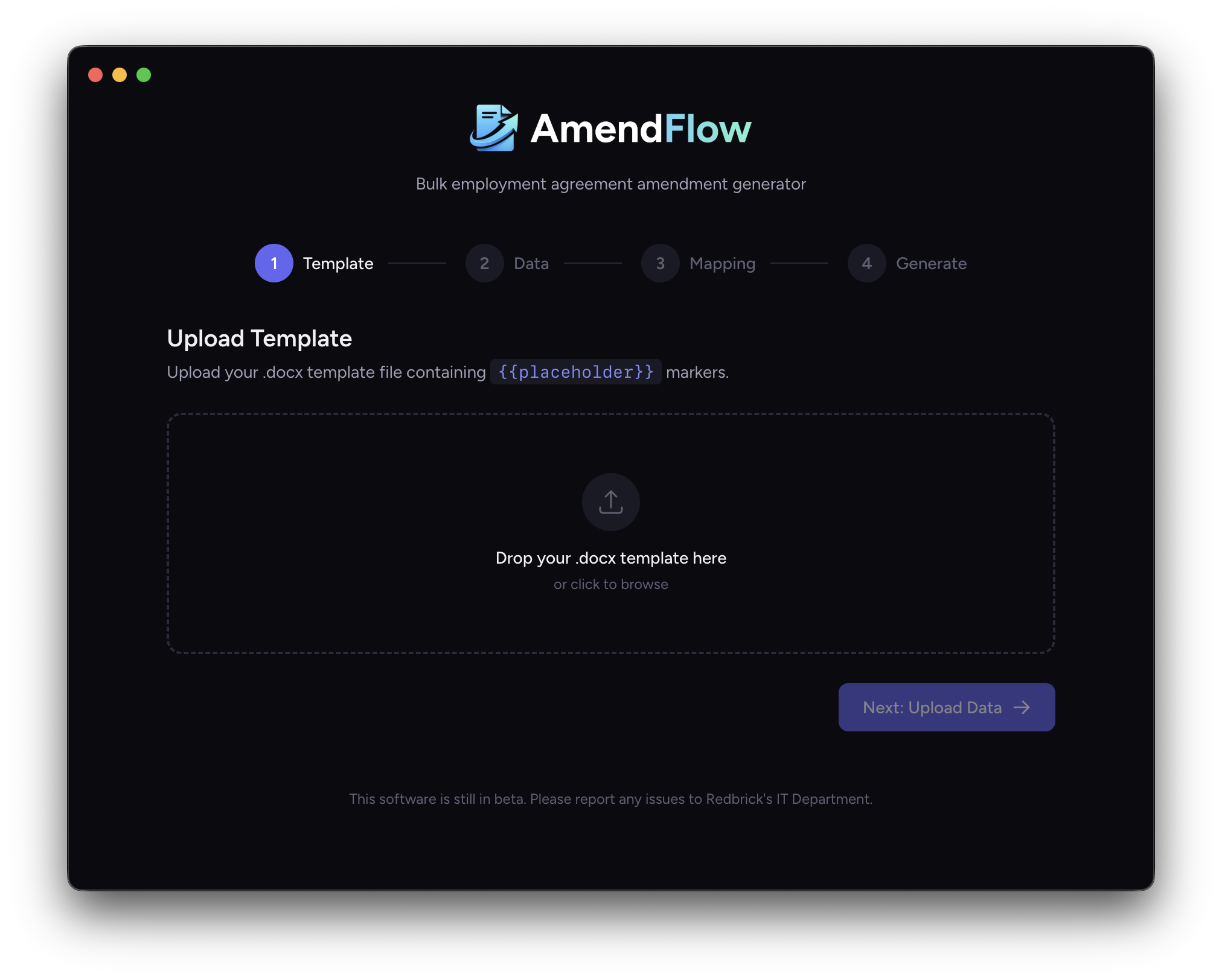 AmendFlow template upload screen